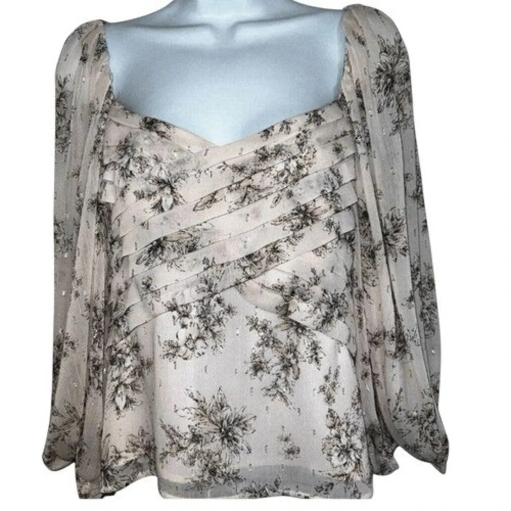 EXPRESS Light Pink‎ Chiffon Floral With Silver Threading Blouse NWOT Size Small - Picture 2 of 9
